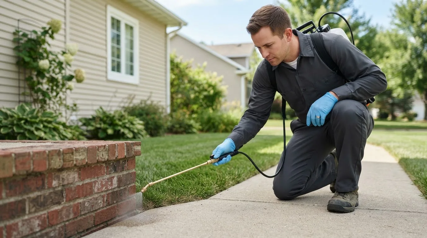 Pest control technician treating a home near Vergennes, VT